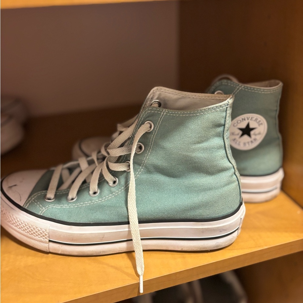 Custom seafoam converse platform high tops, literally worn once. Size 8